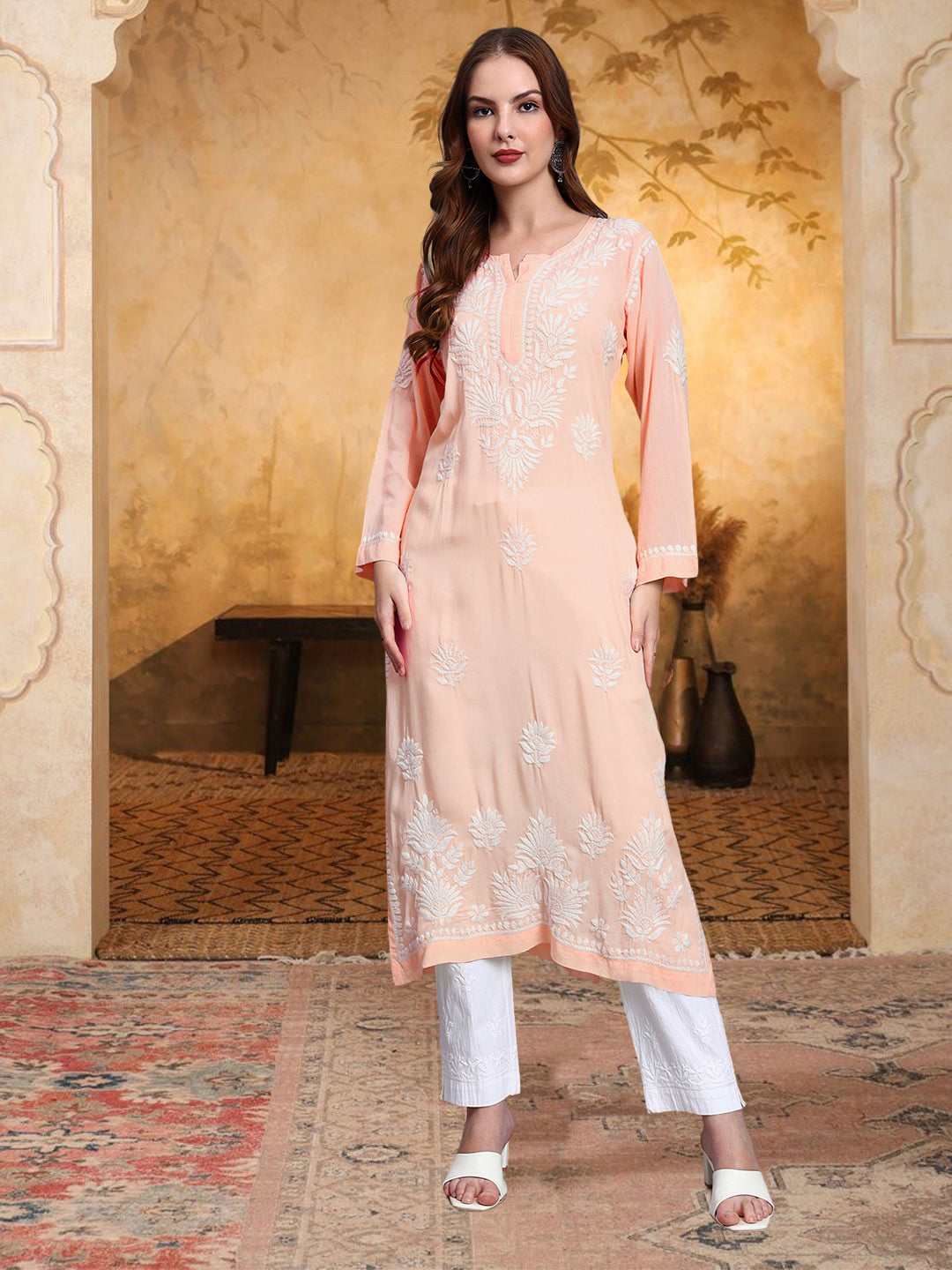 Hand Embroidered Chikankari Modal Straight Kurta-AL3683 Peach