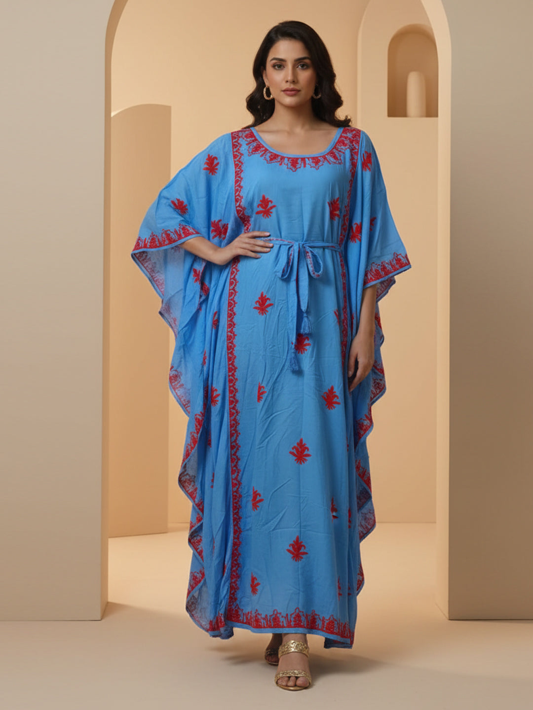Hand Embroidered Chikankari Modal Kaftan-AL3604A Denimandred