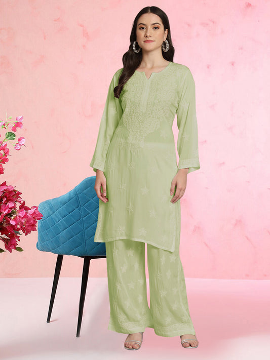 Hand Embroidered Chikankari Modal Kurta with Palazzo- AL3662KS Olive