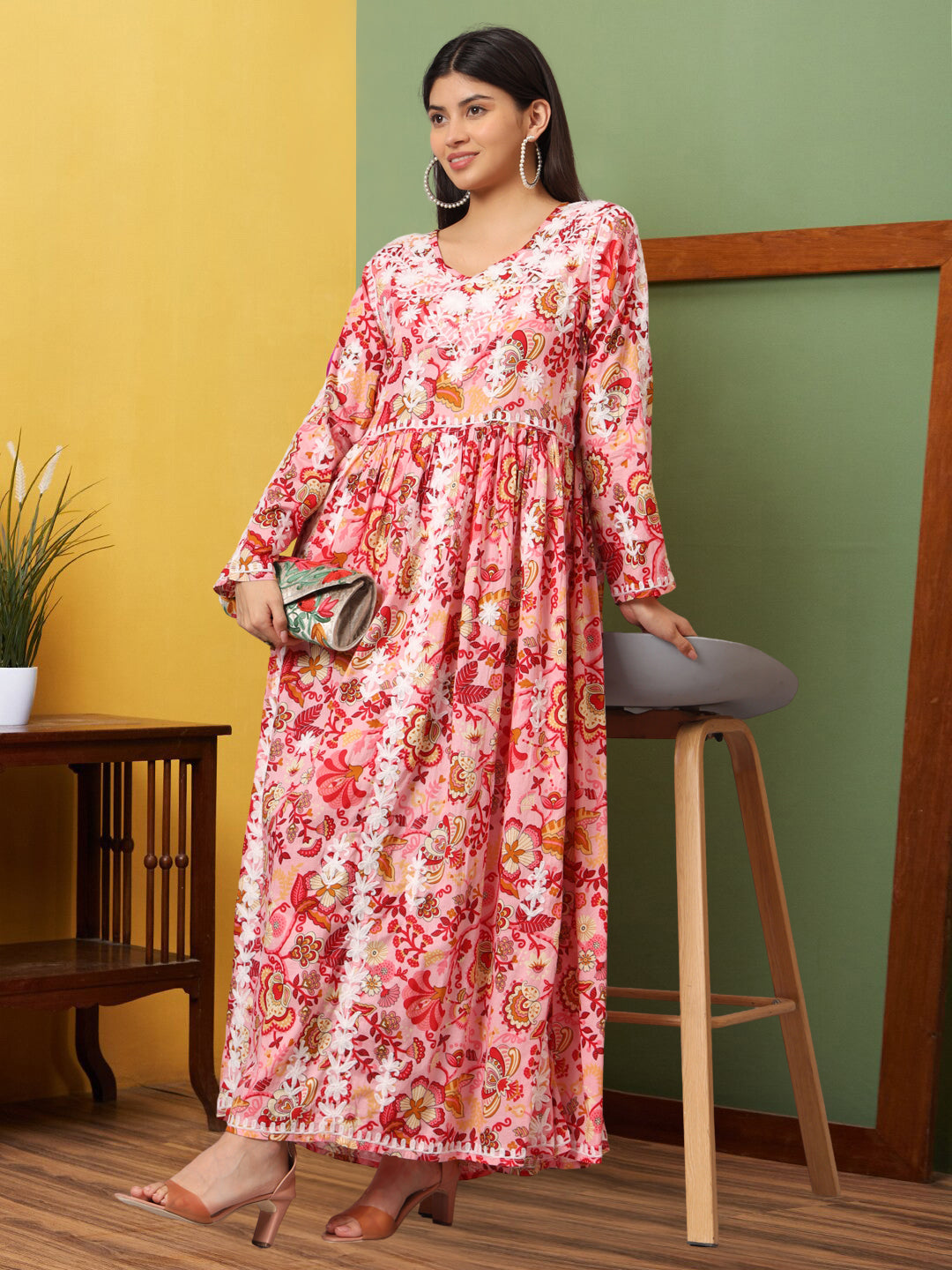 Hand Embroidered Lucknowi Chikankari  Printed Mulmul Cotton Jalabiya-AL3936 Coral