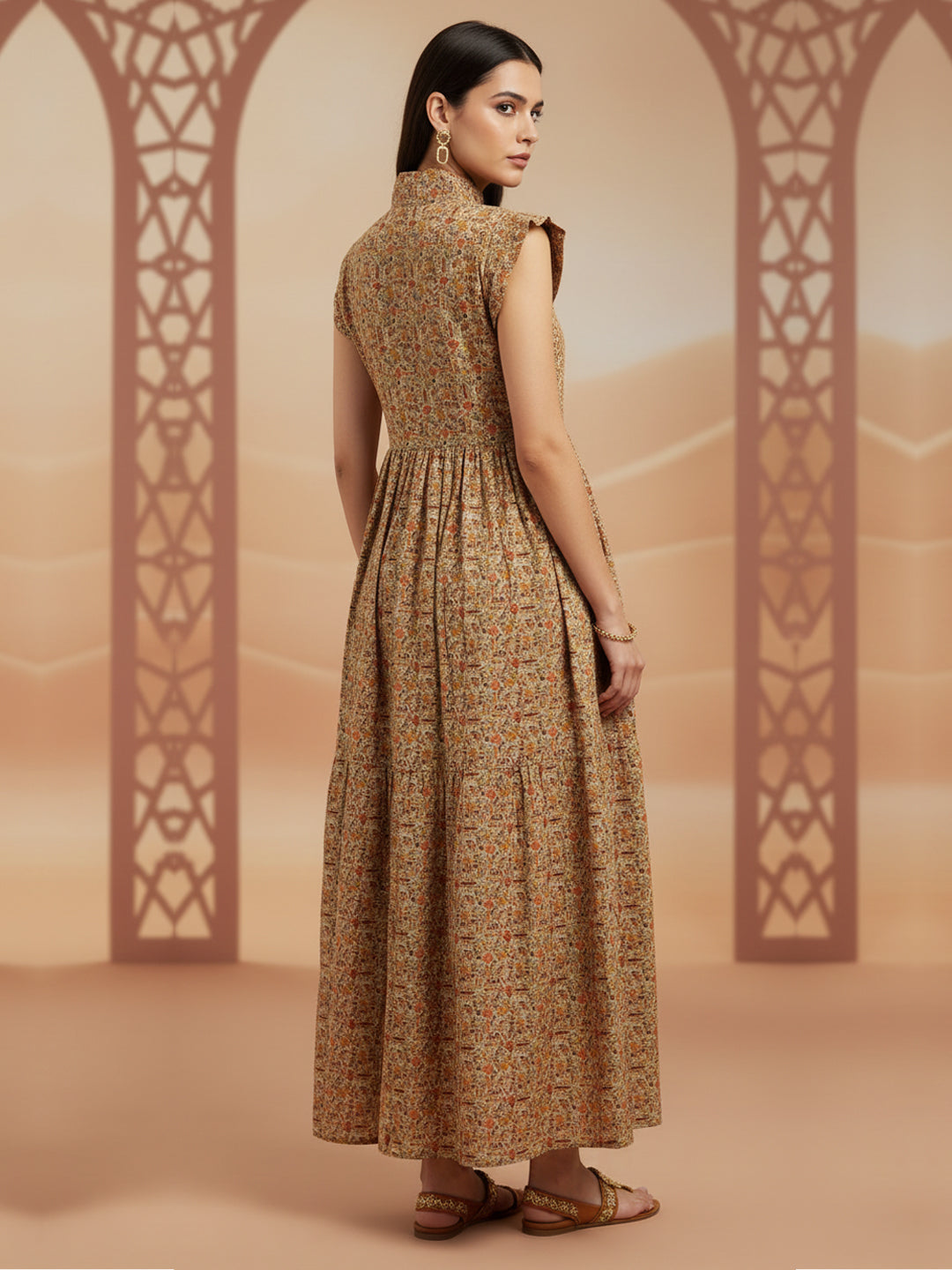 Women Printed Embroidered Cotton Jalabiya with Cap Sleeves-AL3697C Beige