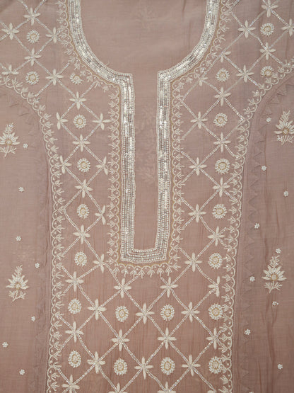 Women Hand Embroidered Premium Chikankari Mul Chanderi Unstitched Kurta Dupatta Bottom Set-ALSCA85201FS Brown