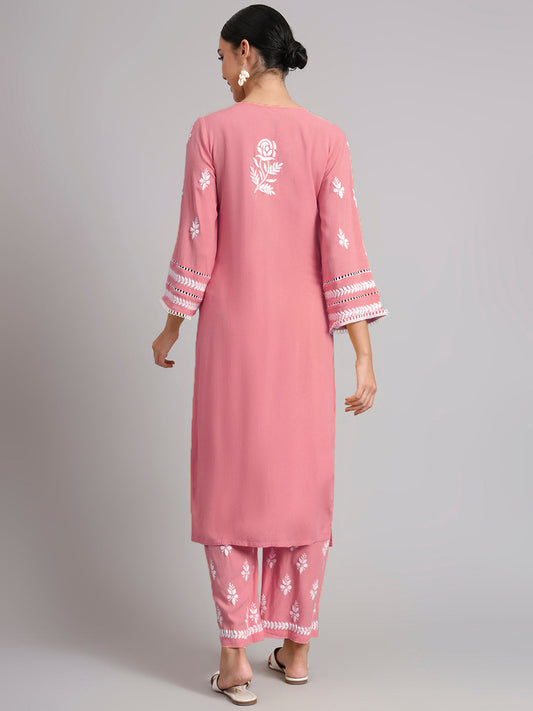 Women Hand Embroidered Lucknowi Chikankari Rayon Kurta Set-AL4078KS Rust