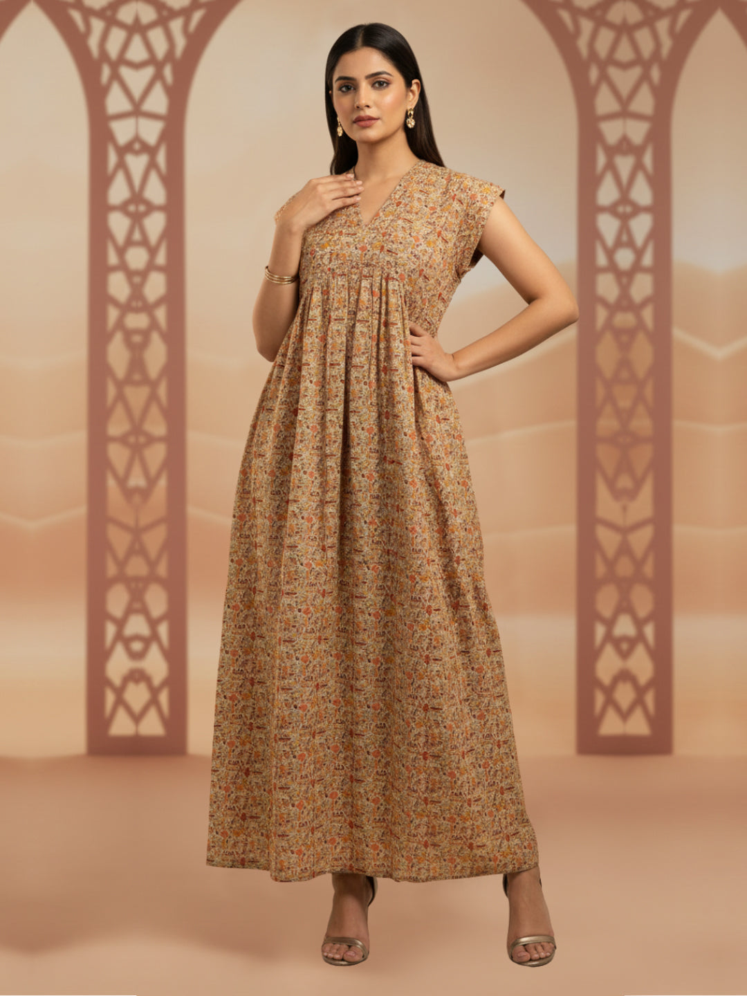 Women Printed Embroidered Cotton Jalabiya with Cap Sleeves-AL3697C Beige