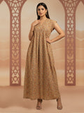 Women Printed Embroidered Cotton Jalabiya with Cap Sleeves-AL3697C Beige