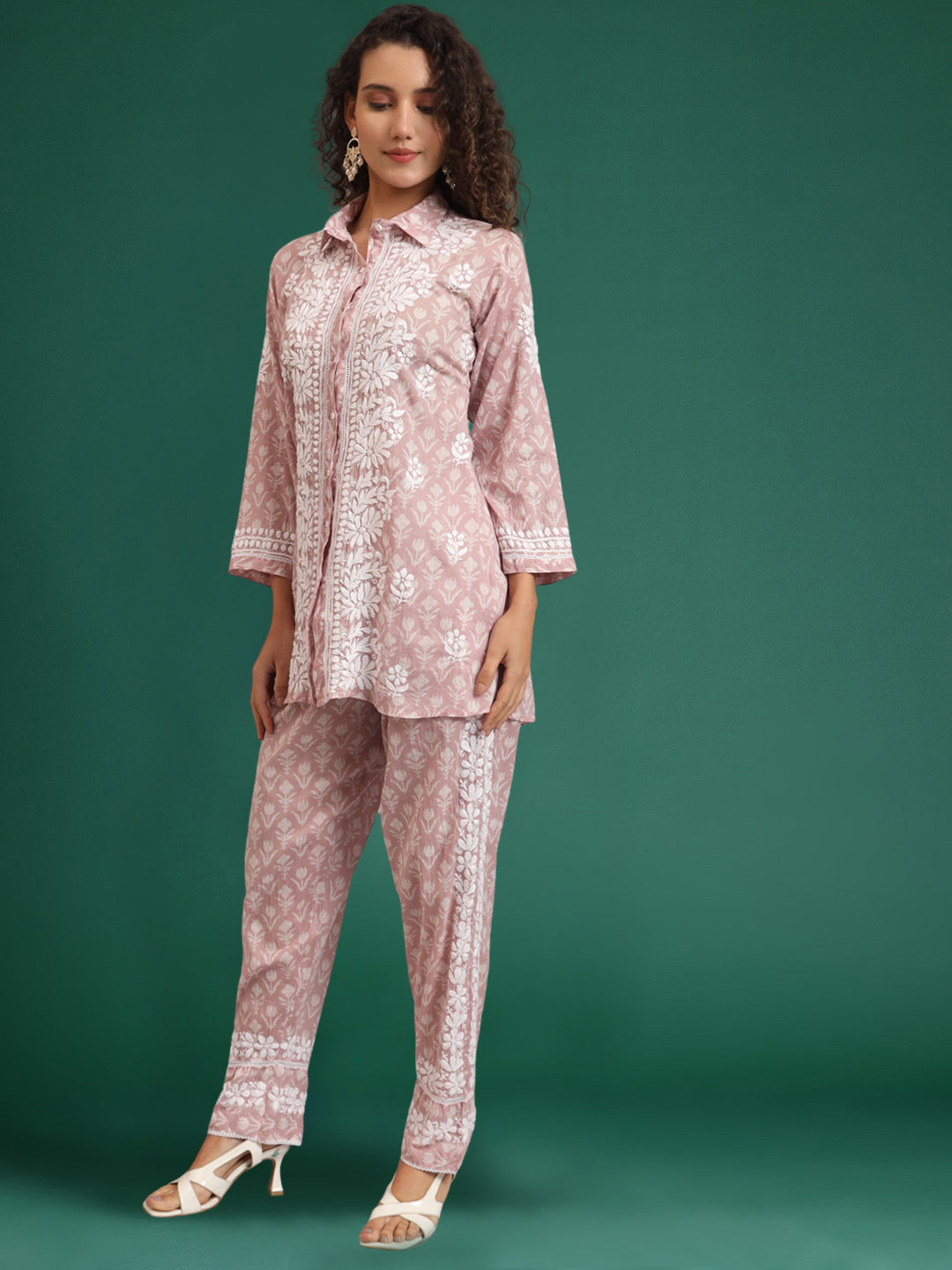 Women Chikankari Printed Mulmul Co-Ord Set for Women-AL4054