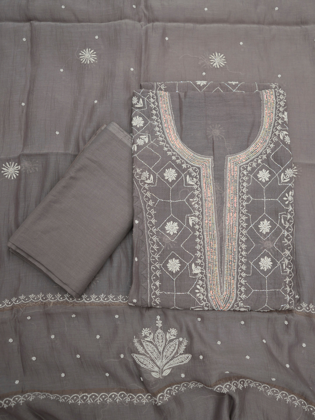 Women Hand Embroidered Premium Chikankari Mul Chanderi Unstitched Kurta Dupatta Bottom Set-ALSCA85201FS Grey