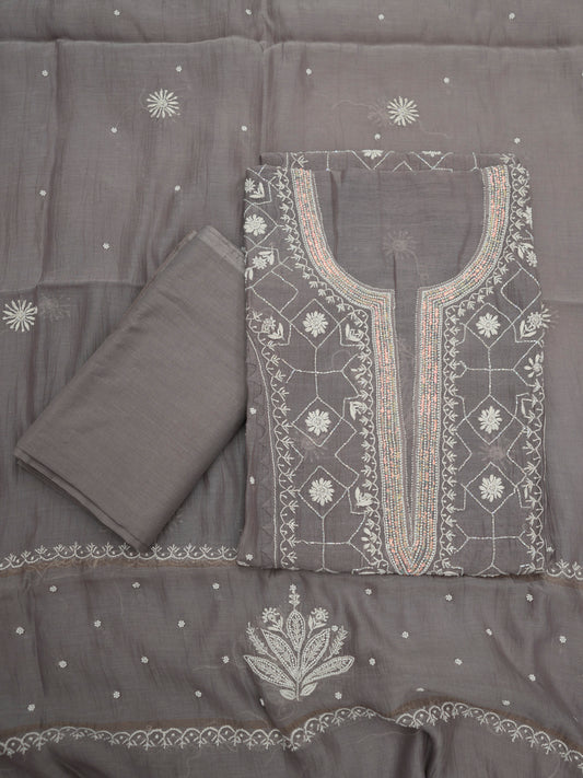 Women Hand Embroidered Premium Chikankari Mul Chanderi Unstitched Kurta Dupatta Bottom Set-ALSCA85201FS Grey