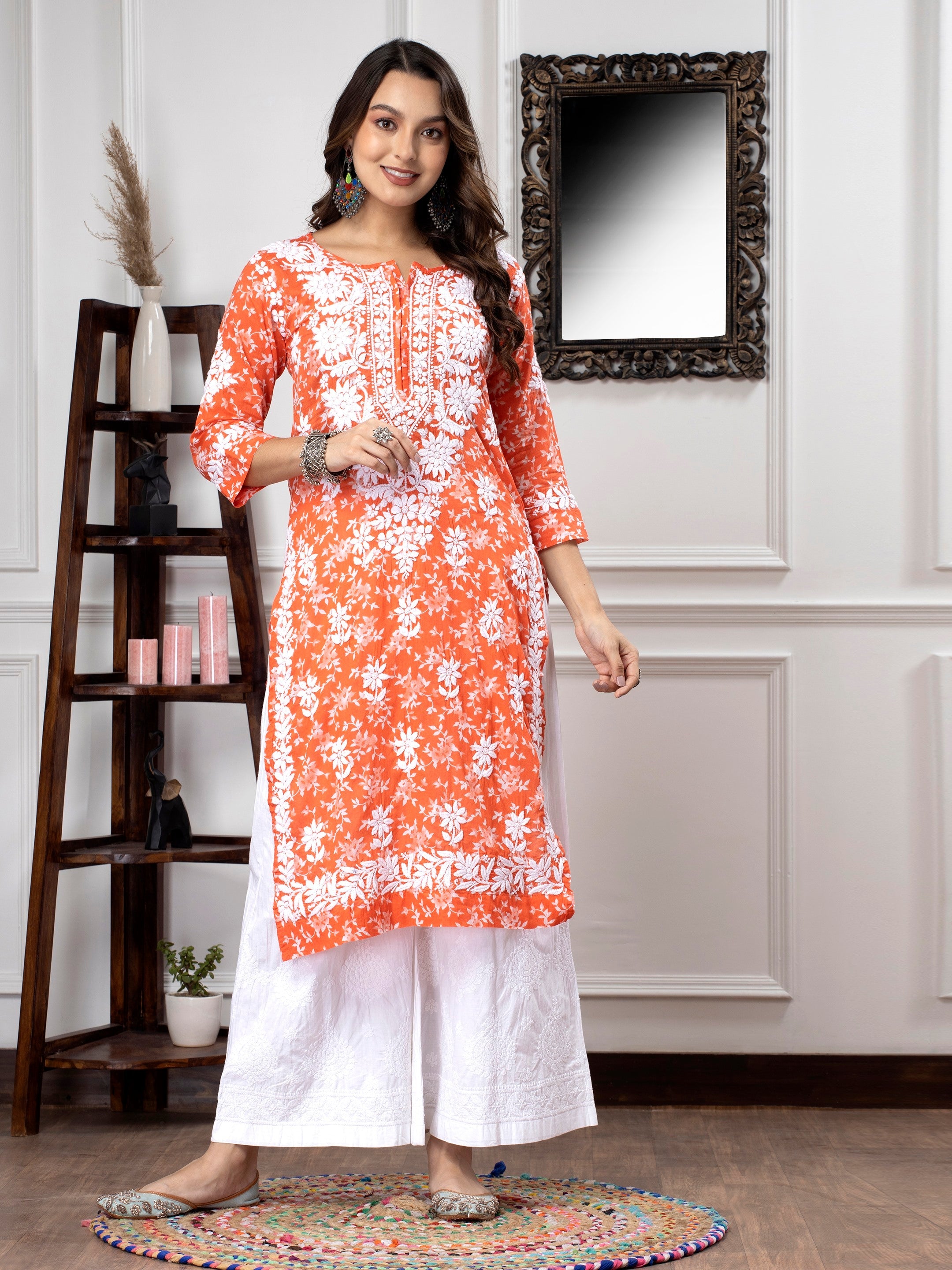 Hand Embroidered Chikankari Mulmul Straight Kurta-AL3648 Orange