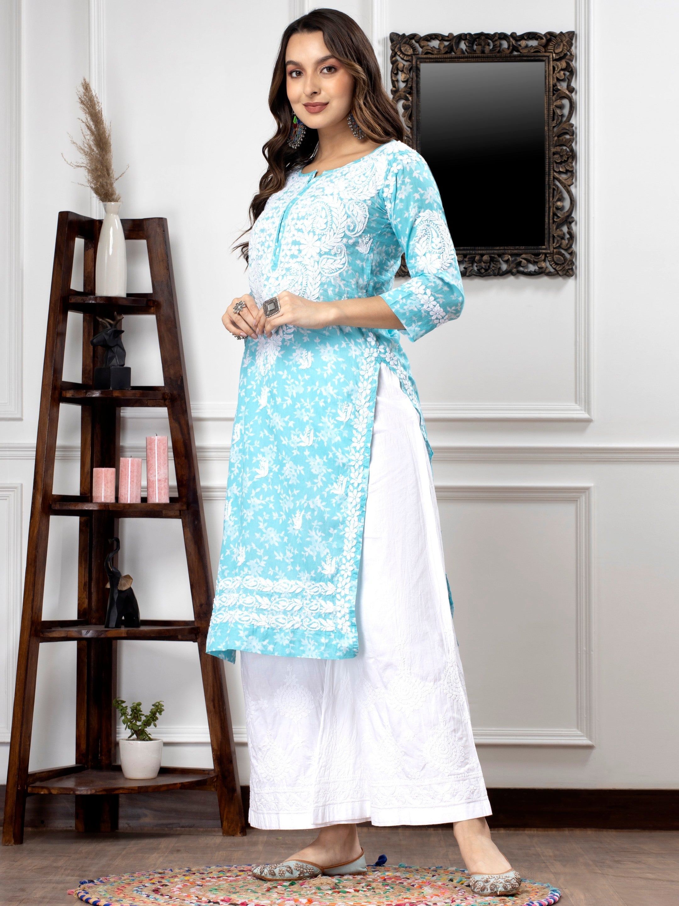 Hand Embroidered Chikankari Mulmul Straight Kurta-AL3648 Skyblue