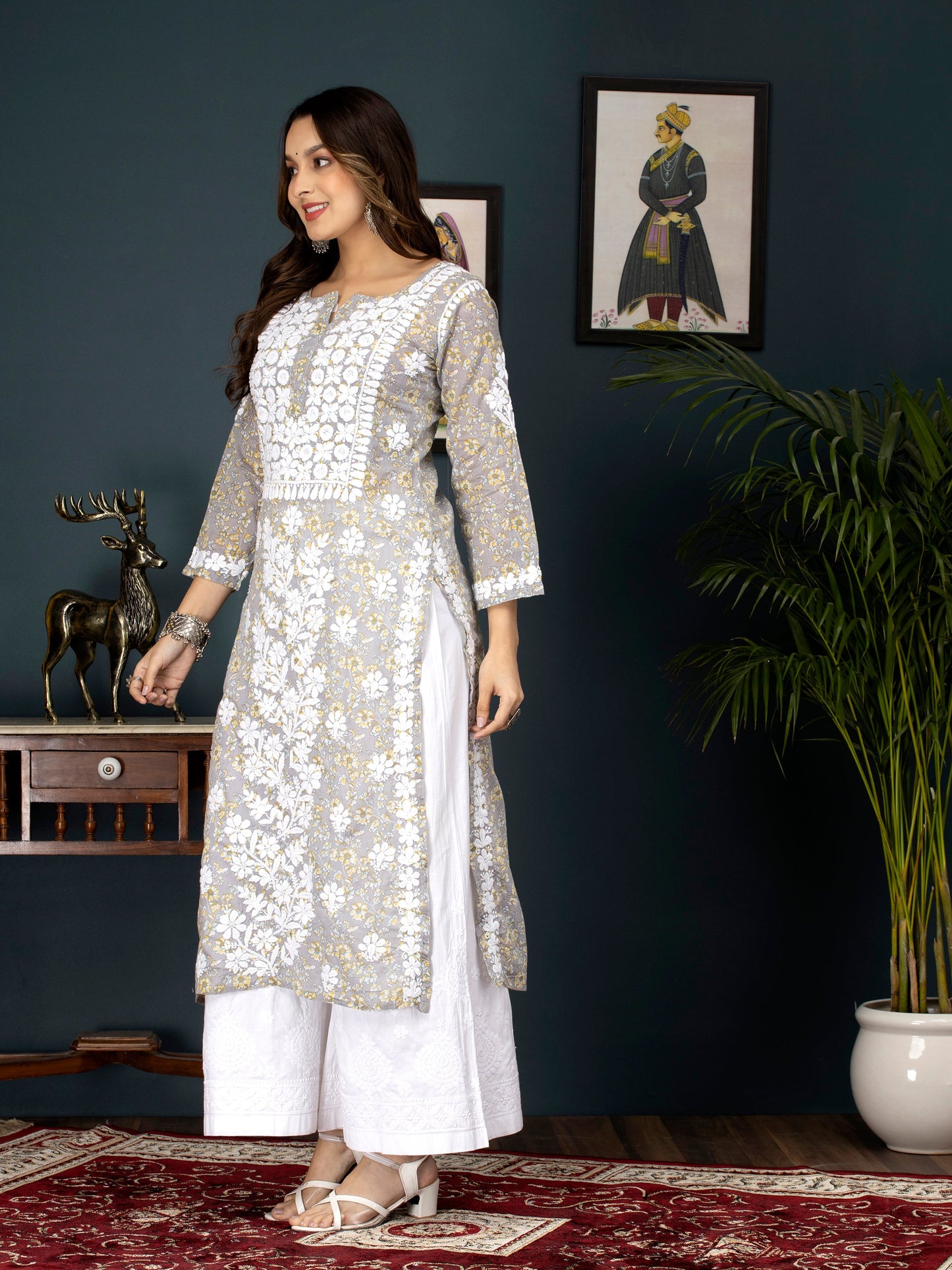 Women Hand Embroidered Chikankari Cotton Kurta-AL3637 Grey