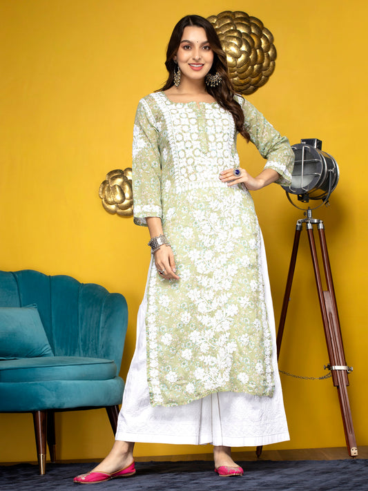 Women Hand Embroidered Chikankari Cotton Kurta-AL3637 Green