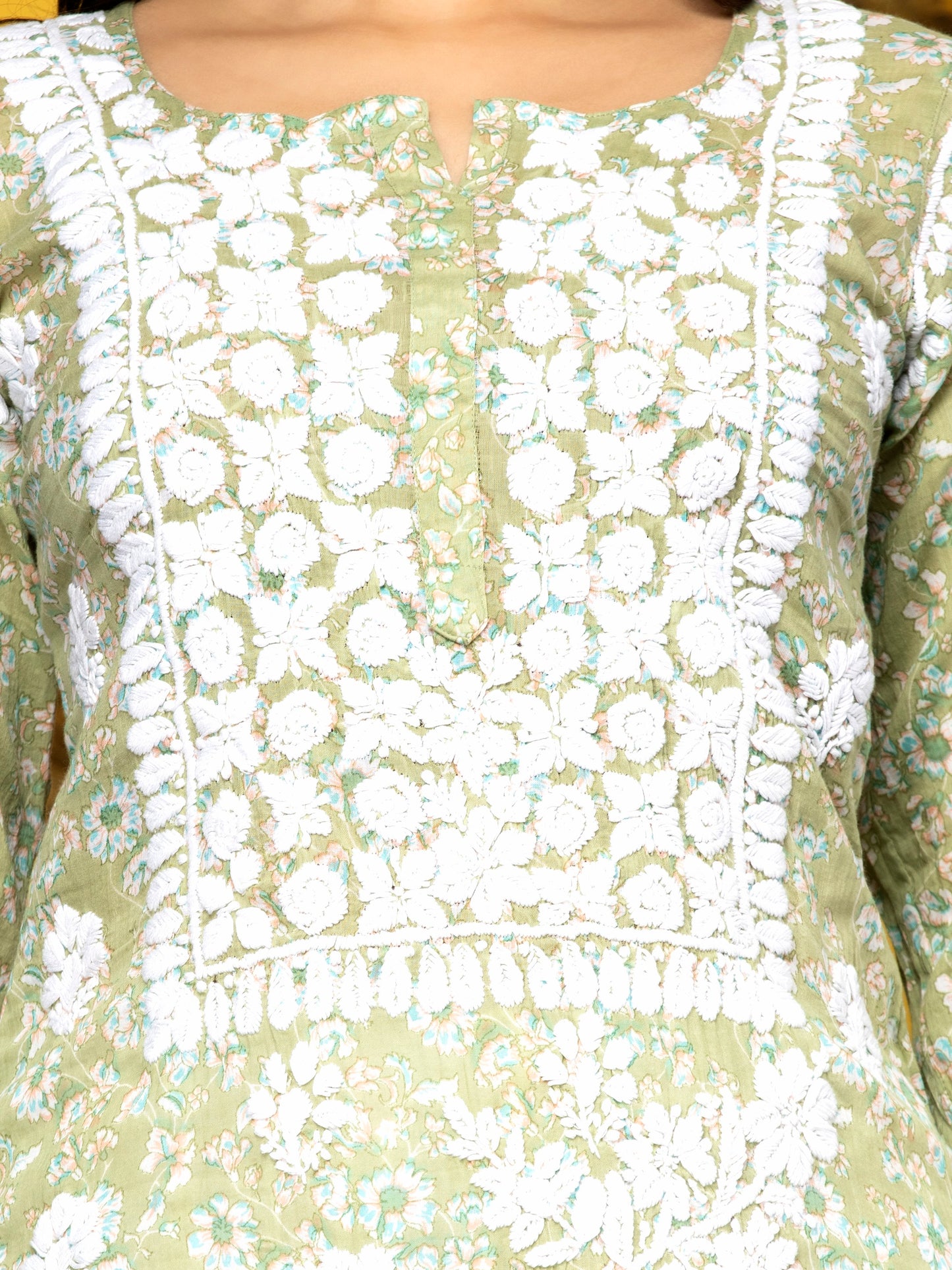 Women Hand Embroidered Chikankari Cotton Kurta-AL3637 Green