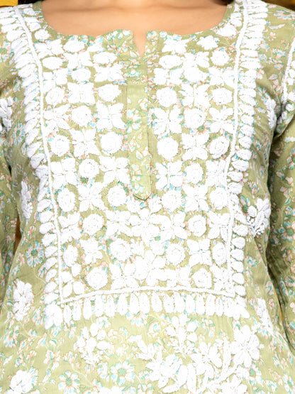 Women Hand Embroidered Chikankari Cotton Kurta-AL3637 Green