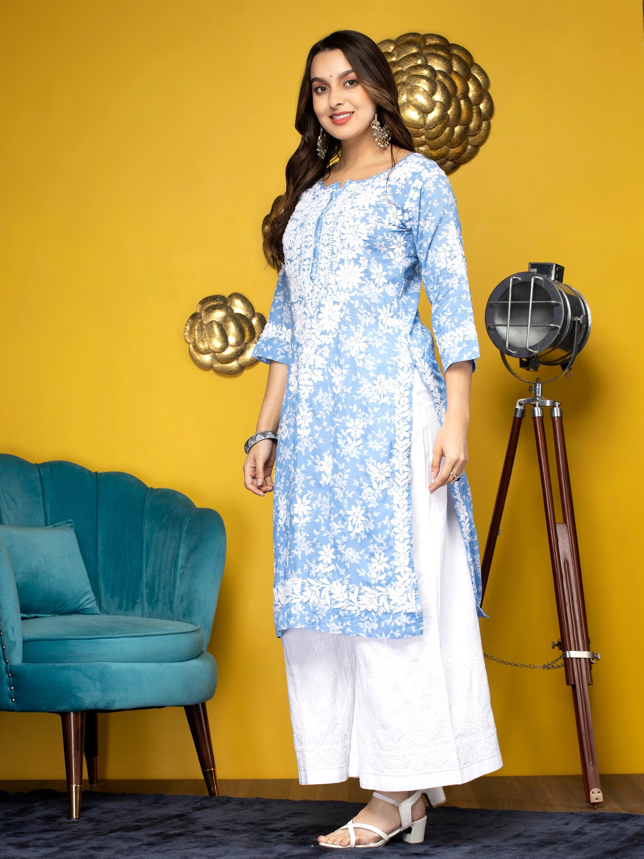 Hand Embroidered Chikankari Mulmul Straight Kurta-AL3648 Denim