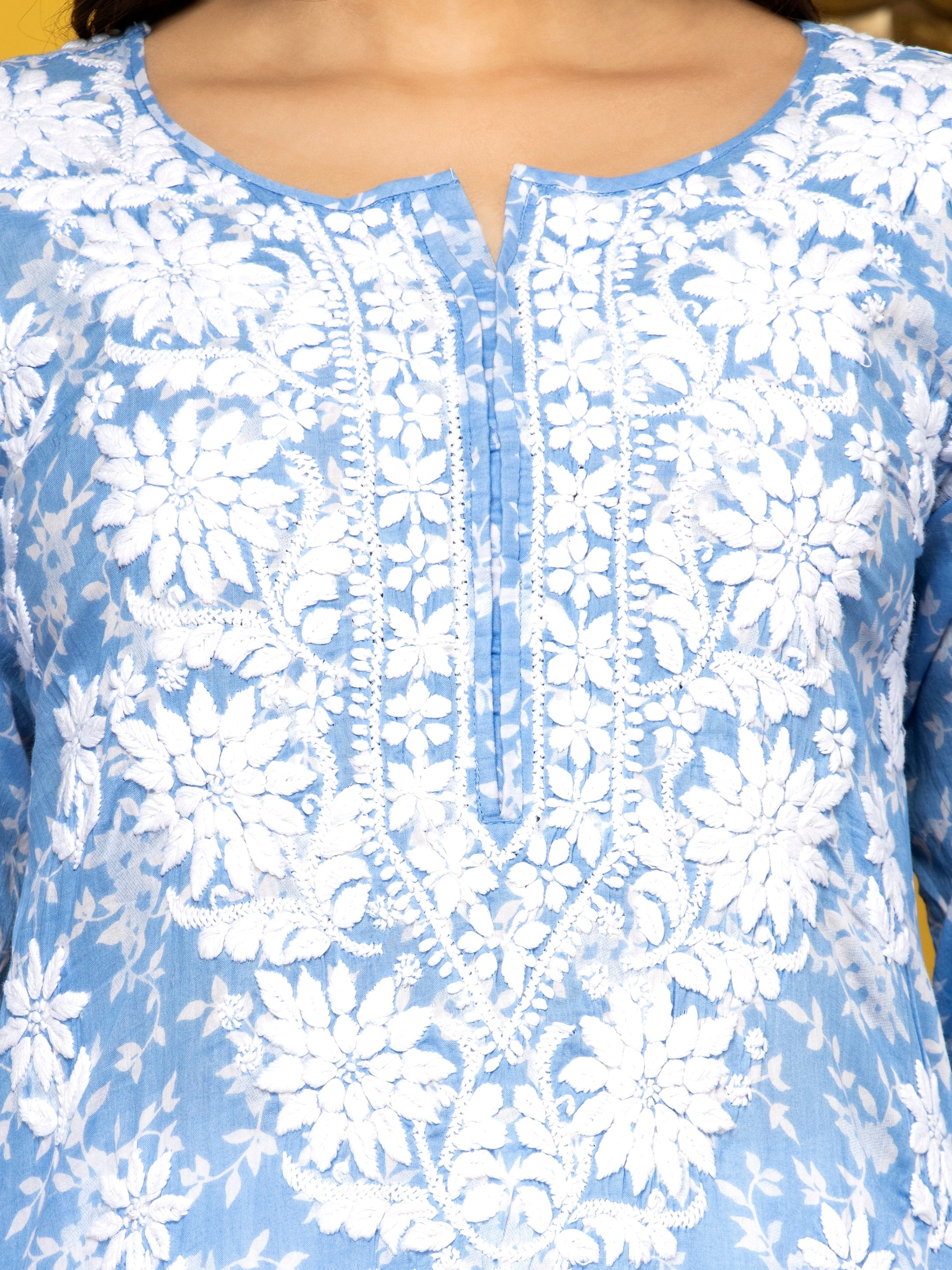 Hand Embroidered Chikankari Mulmul Straight Kurta-AL3648 Denim