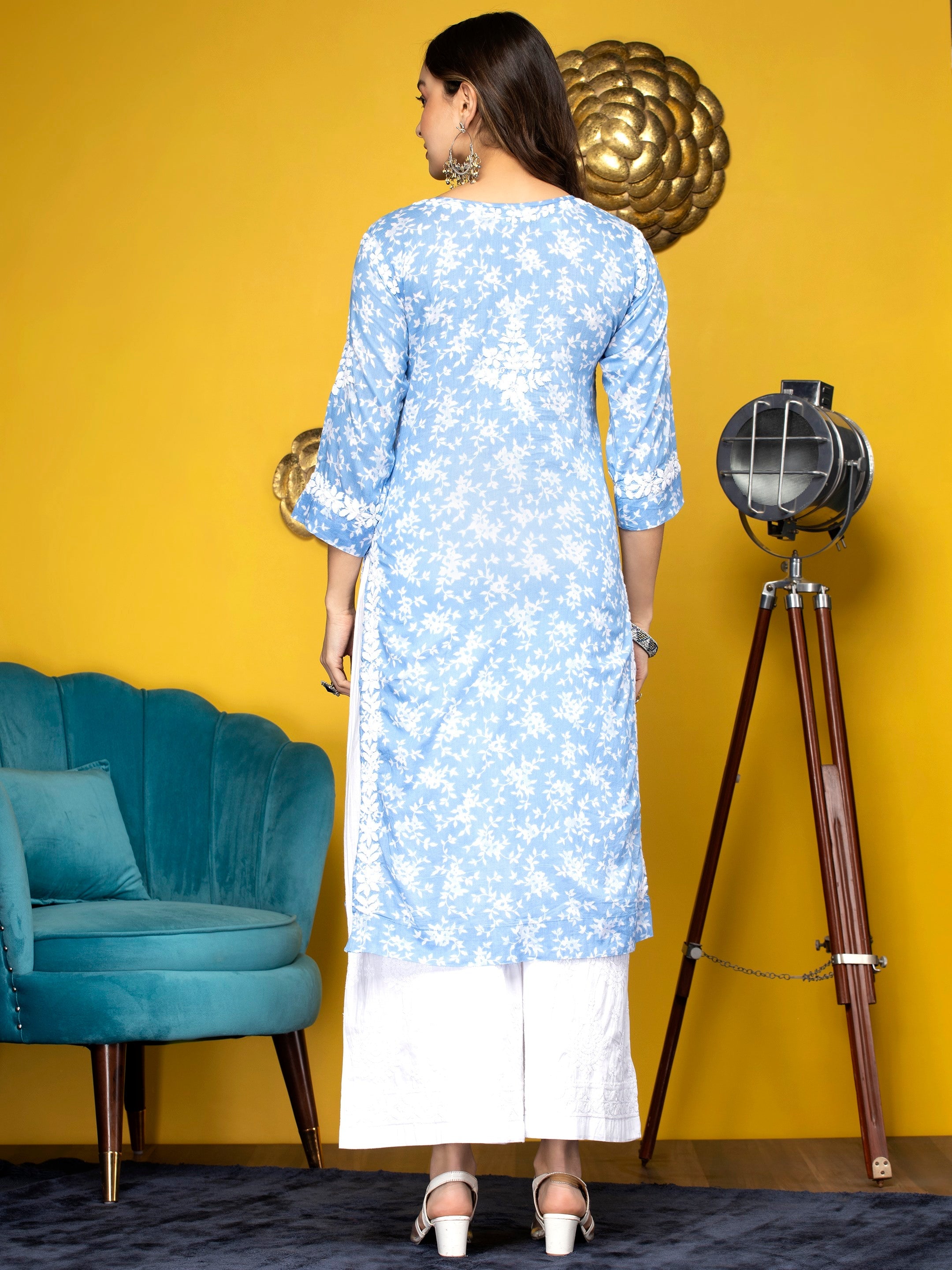 Hand Embroidered Chikankari Mulmul Straight Kurta-AL3648 Denim