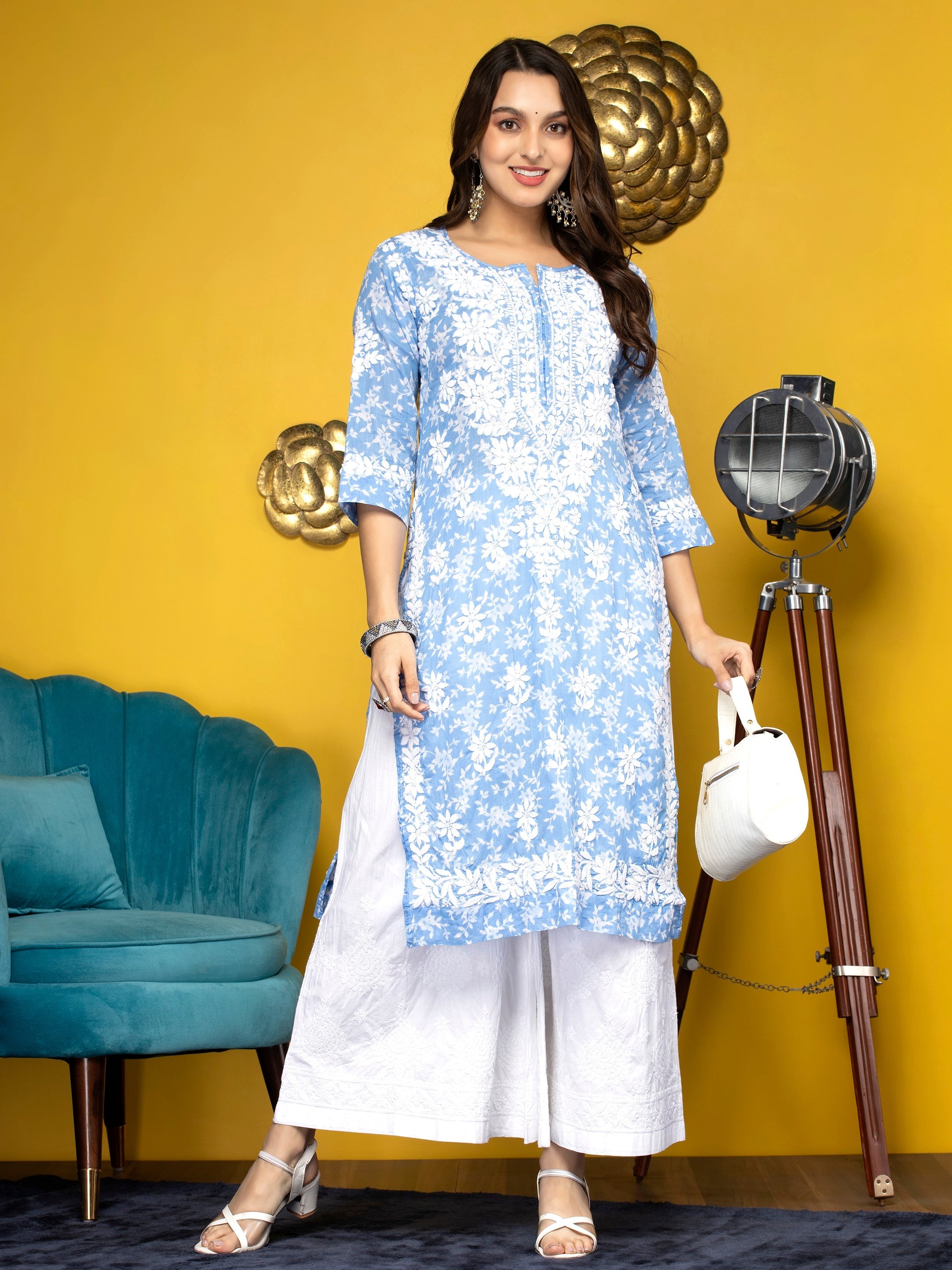 Hand Embroidered Chikankari Mulmul Straight Kurta-AL3648 Denim