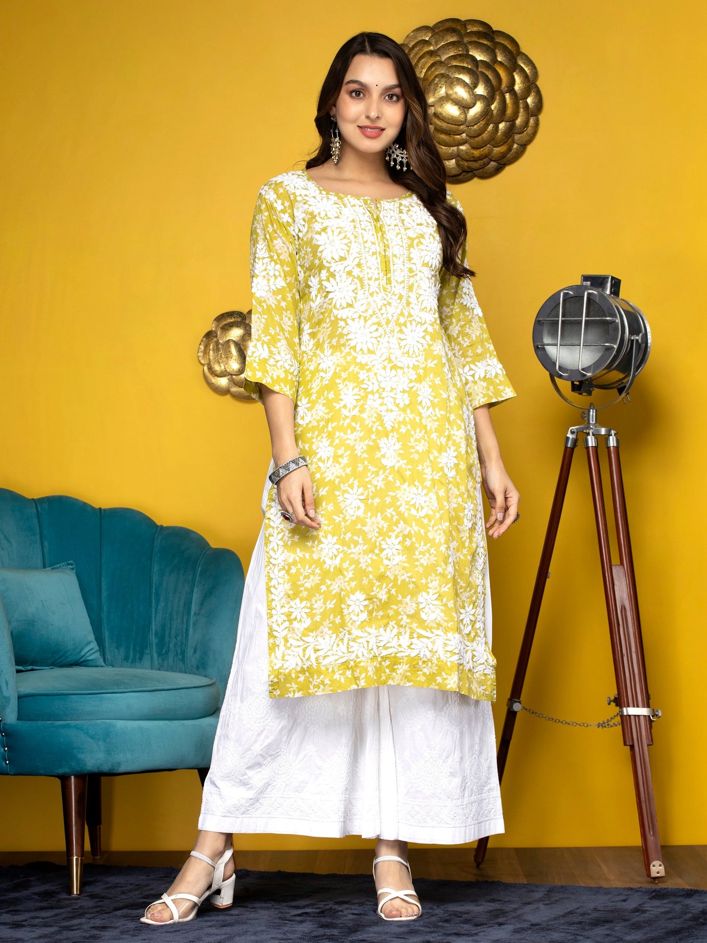Hand Embroidered Chikankari Mulmul Straight Kurta-AL3648 Green