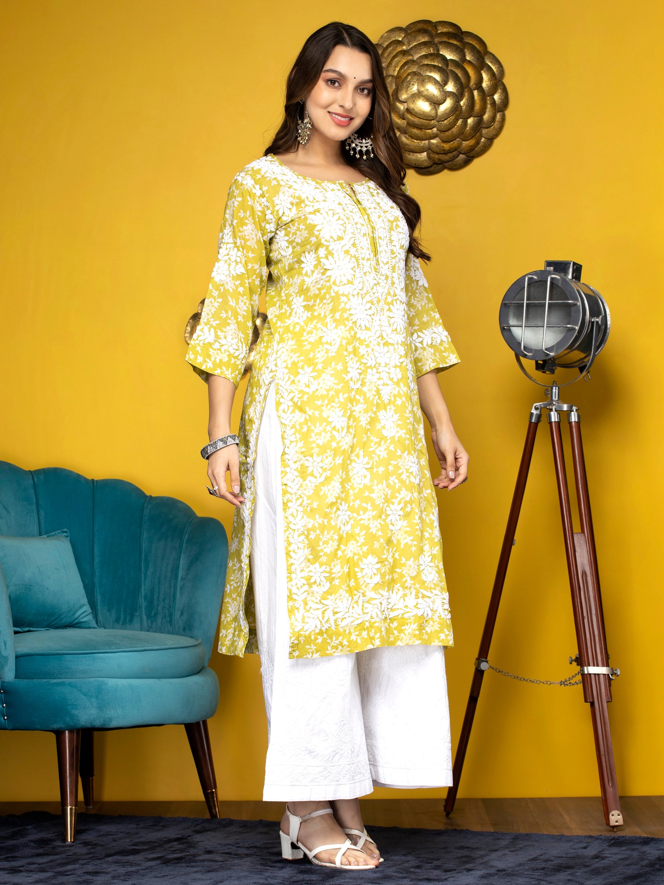Hand Embroidered Chikankari Mulmul Straight Kurta-AL3648 Green