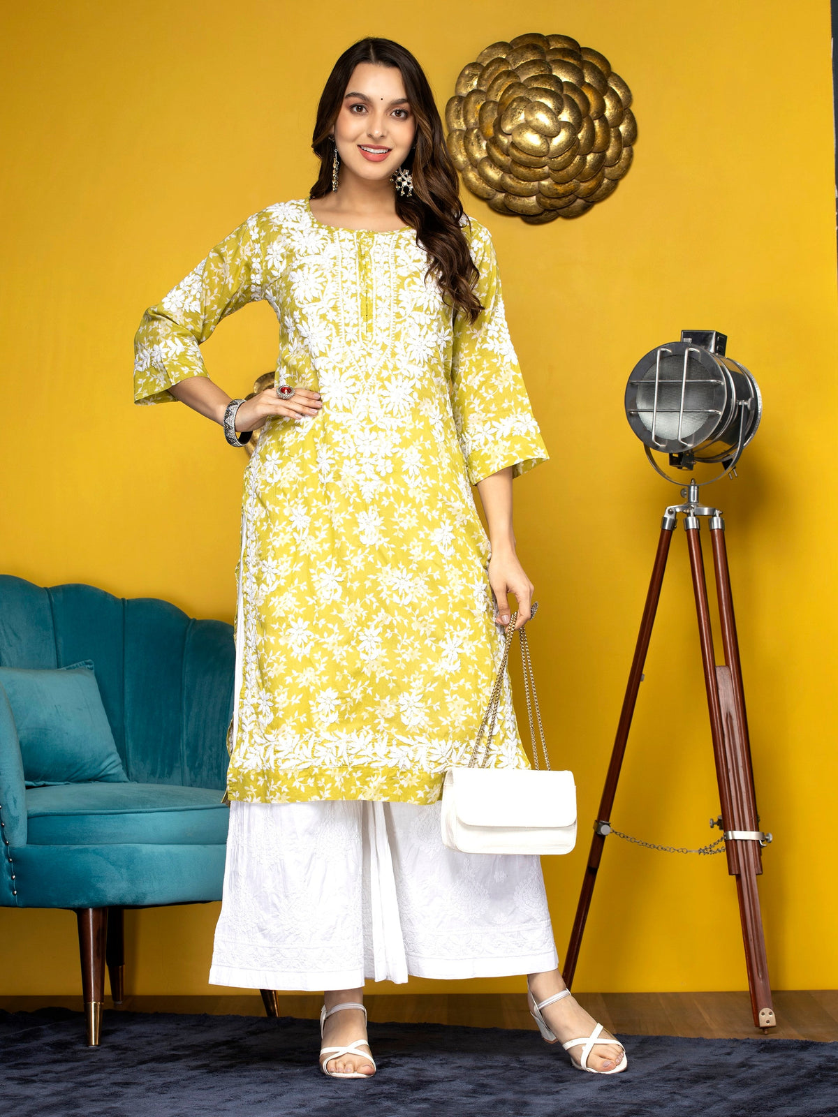 Hand Embroidered Chikankari Mulmul Straight Kurta-AL3648 Green