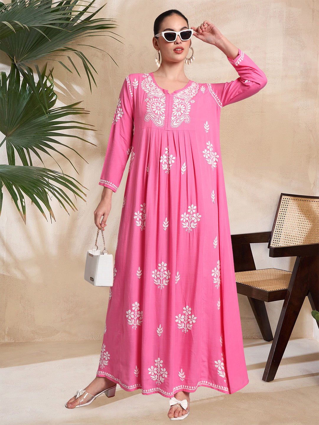 Hand Embroidered Chikankari A-Line Gathering Pattern Rayon Jalabiya-AL4012 Hotpink