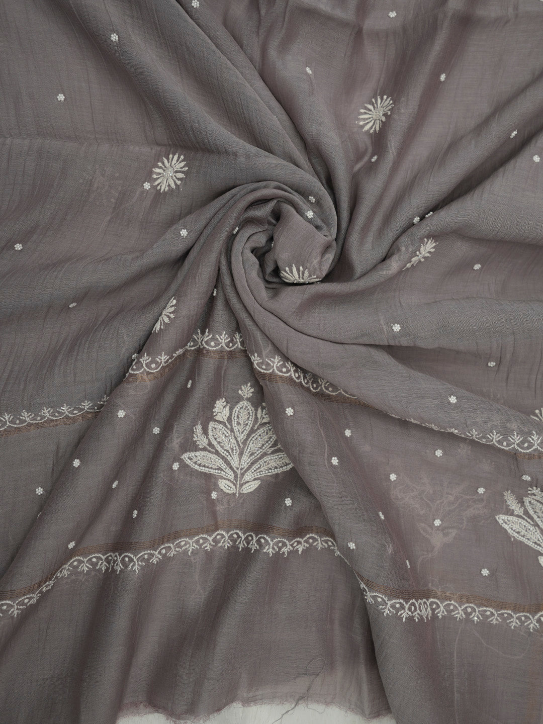 Women Hand Embroidered Premium Chikankari Mul Chanderi Unstitched Kurta Dupatta Bottom Set-ALSCA85201FS Grey