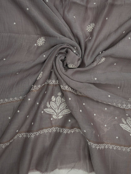 Women Hand Embroidered Premium Chikankari Mul Chanderi Unstitched Kurta Dupatta Bottom Set-ALSCA85201FS Grey