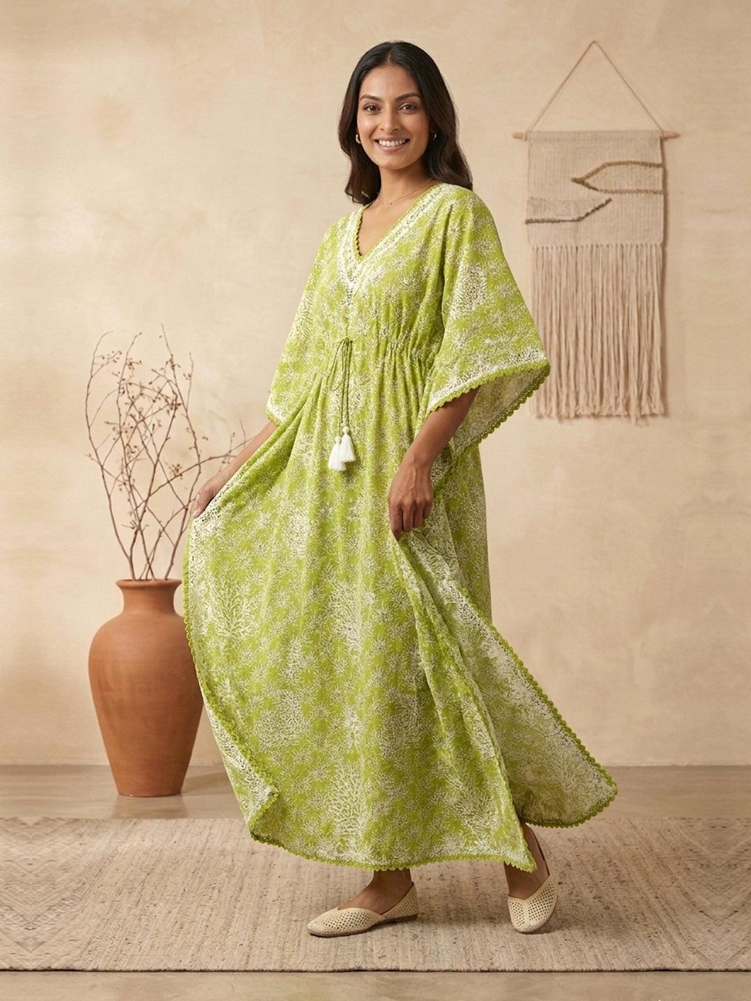 Hand Embroidered Chikankari Cotton Kaftan-AL3833 New Parrotgreen