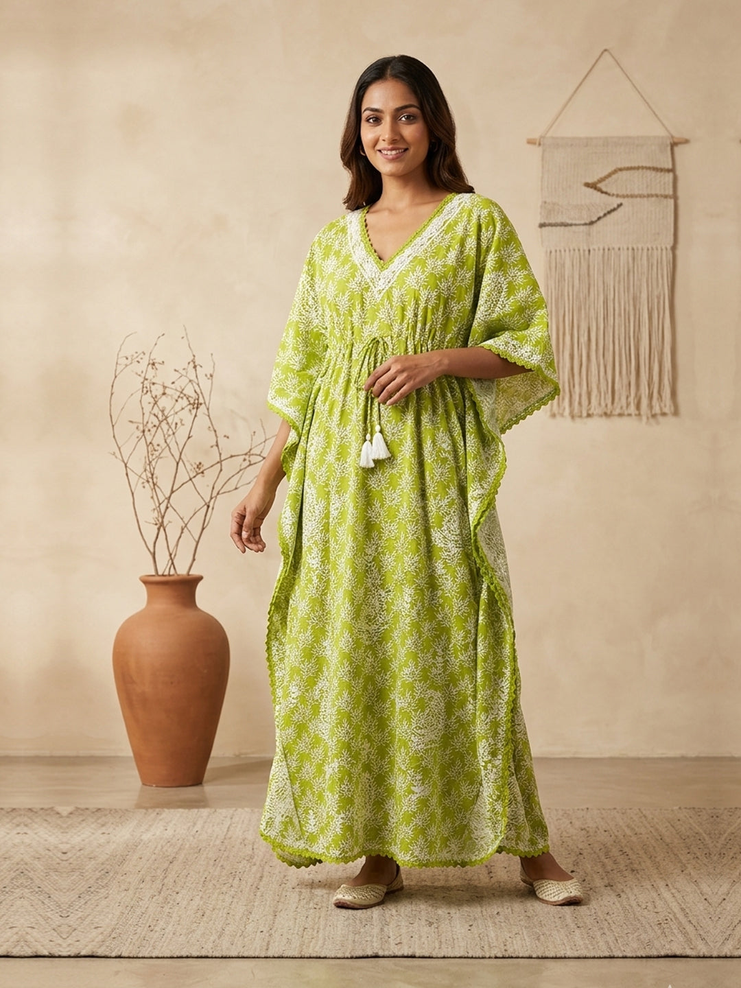 Hand Embroidered Chikankari Cotton Kaftan-AL3833 New Parrotgreen