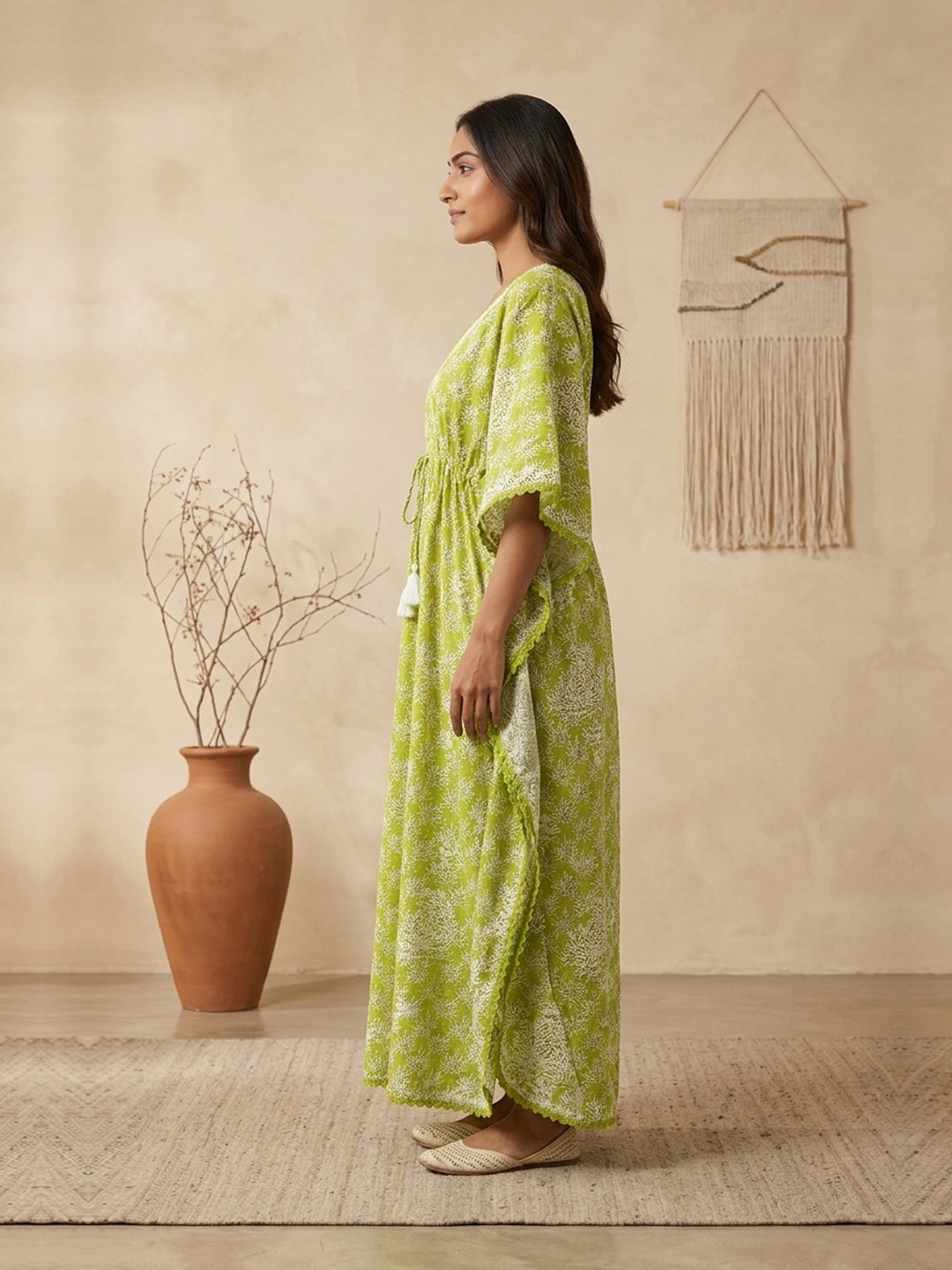 Hand Embroidered Chikankari Cotton Kaftan-AL3833 New Parrotgreen