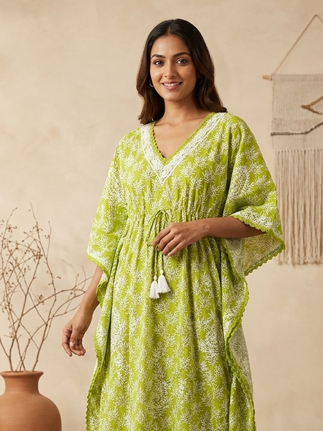 Hand Embroidered Chikankari Cotton Kaftan-AL3833 New Parrotgreen