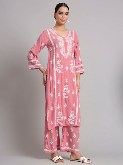 Women Hand Embroidered Lucknowi Chikankari Rayon Kurta Set-AL4078KS Rust