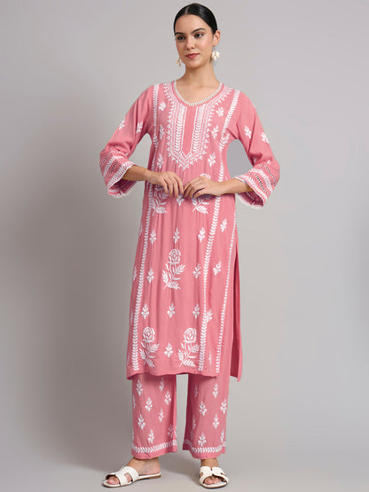 Women Hand Embroidered Lucknowi Chikankari Rayon Kurta Set-AL4078KS Rust
