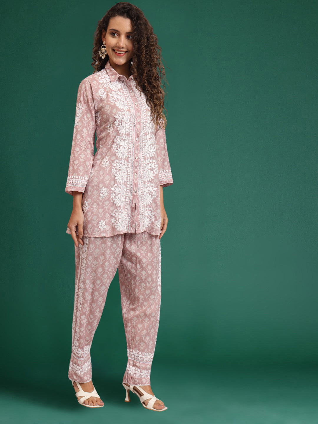 Women Chikankari Printed Mulmul Co-Ord Set for Women-AL4054 Onionpink