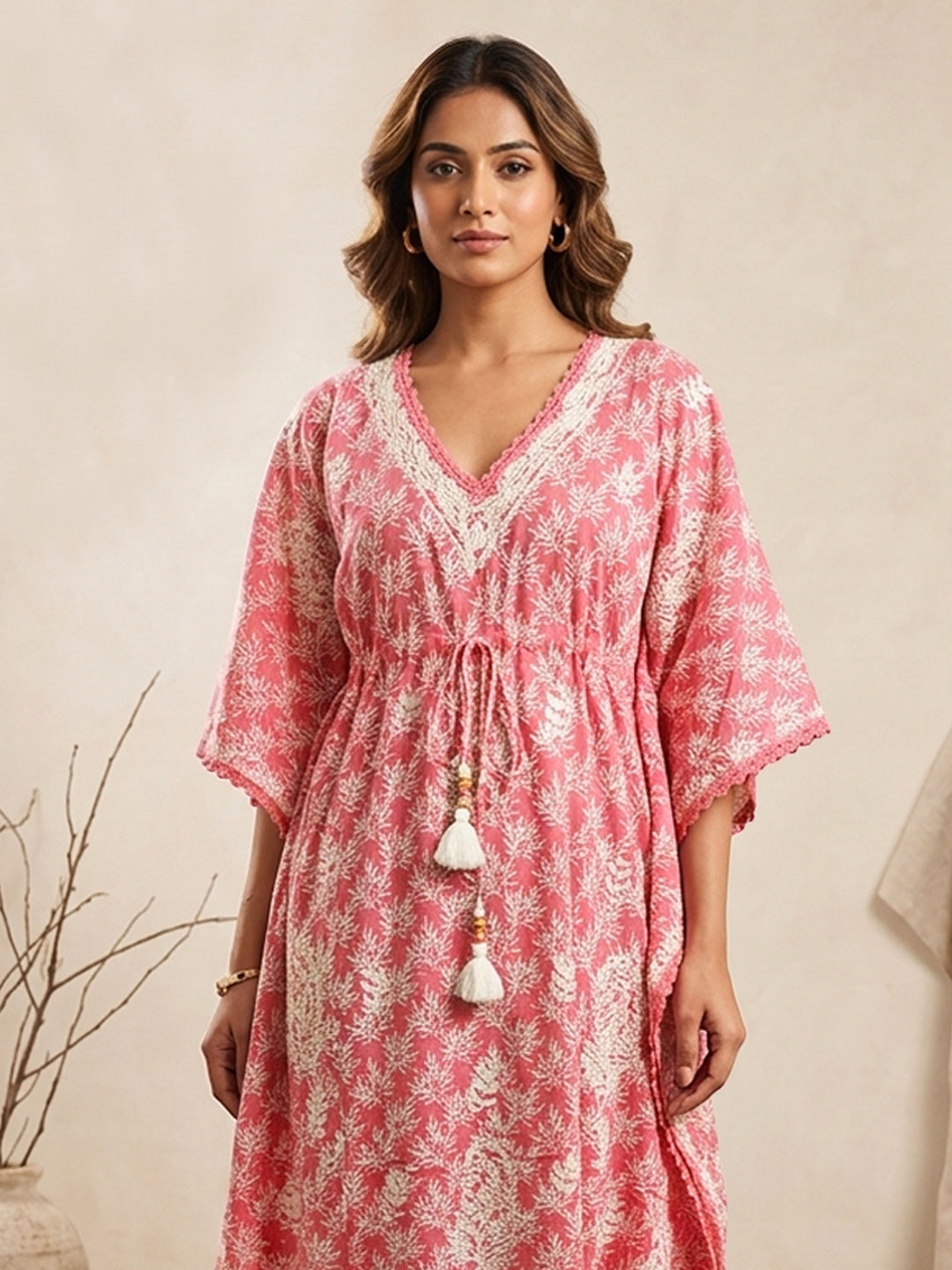 Hand Embroidered Chikankari Cotton Kaftan-AL3833 New Coral