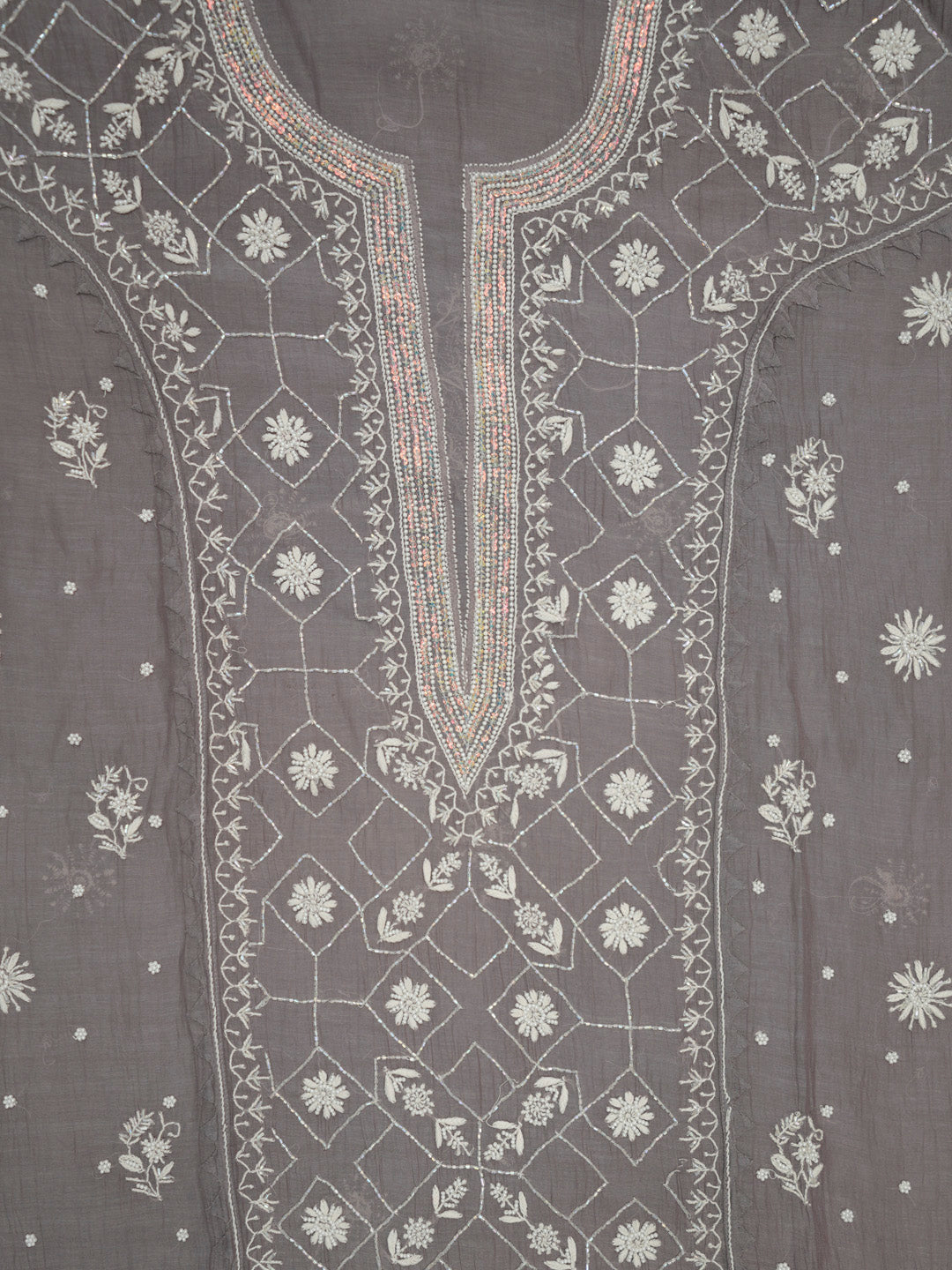 Women Hand Embroidered Premium Chikankari Mul Chanderi Unstitched Kurta Dupatta Bottom Set-ALSCA85201FS Grey