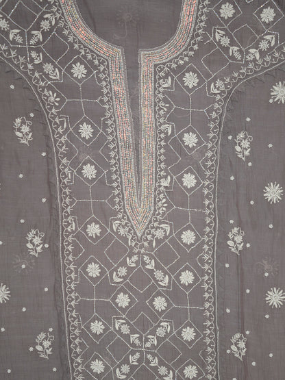 Women Hand Embroidered Premium Chikankari Mul Chanderi Unstitched Kurta Dupatta Bottom Set-ALSCA85201FS Grey