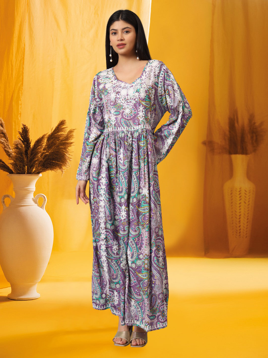 Hand Embroidered Lucknowi Chikankari  Printed Mulmul Cotton Jalabiya-AL3936 Mauve & White