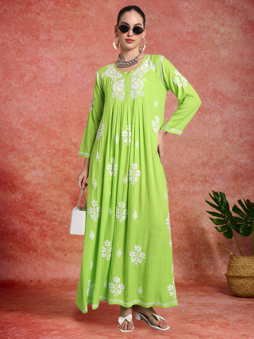 Hand Embroidered Chikankari A-Line Gathering Pattern Rayon Jalabiya-AL4012 Parrotgreen