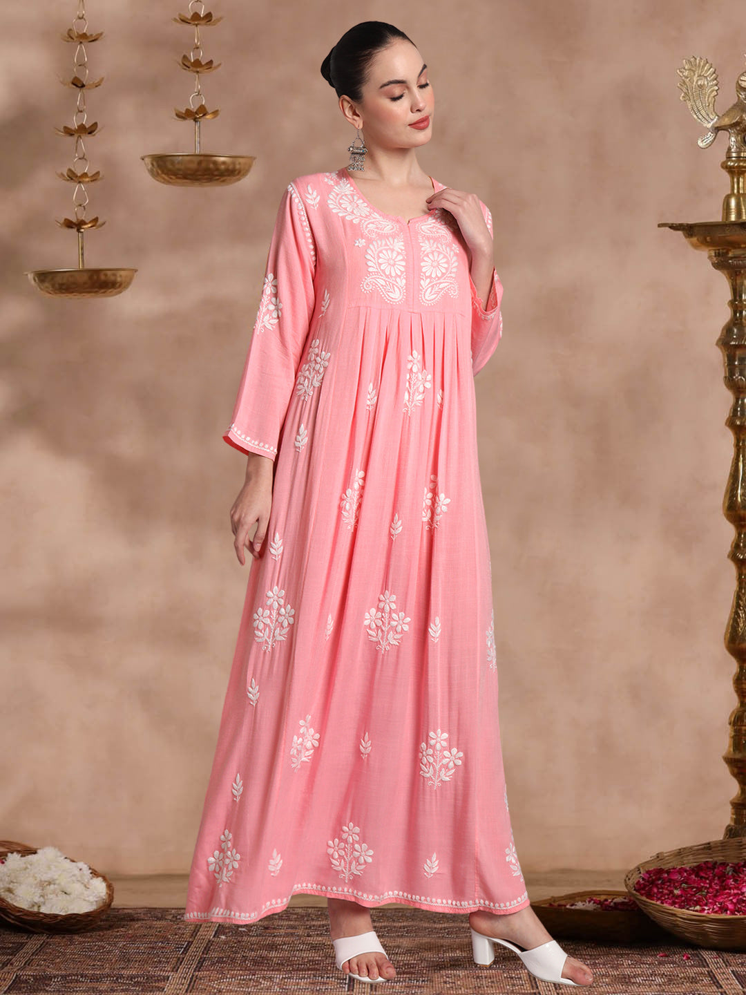 Hand Embroidered Chikankari A-Line Gathering Pattern Rayon Jalabiya-AL4012 Peach