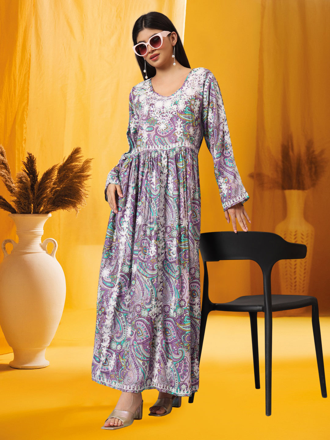 Hand Embroidered Lucknowi Chikankari  Printed Mulmul Cotton Jalabiya-AL3936 Mauve & White