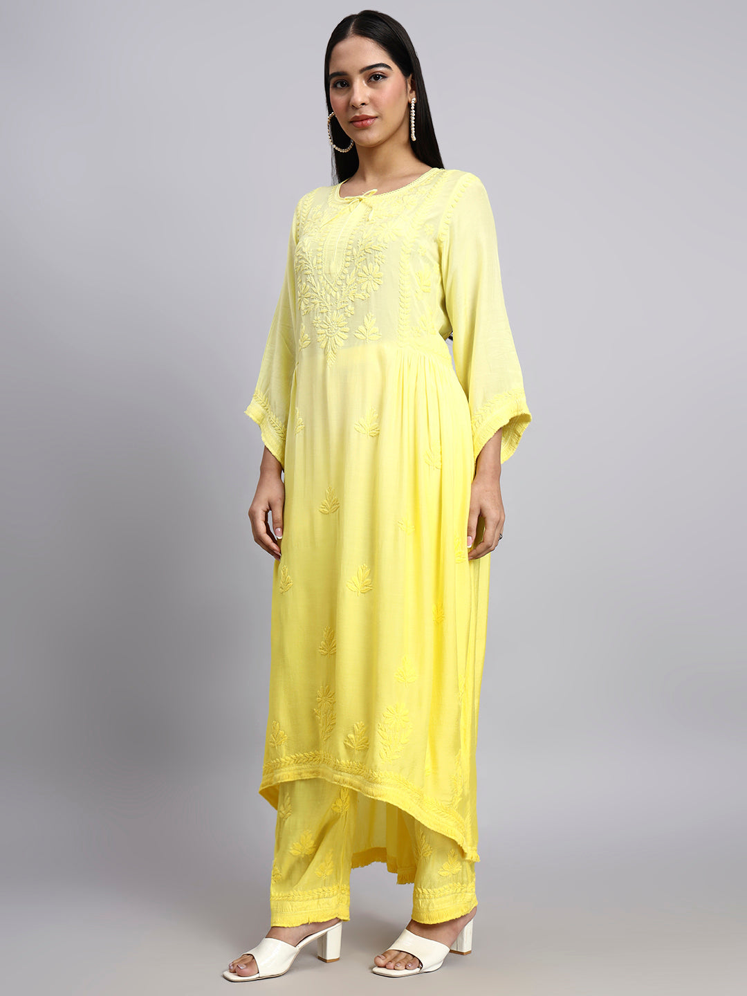 Women Hand Embroidered Chikankari Muslin Kurta Set-AL4101KS Yellow