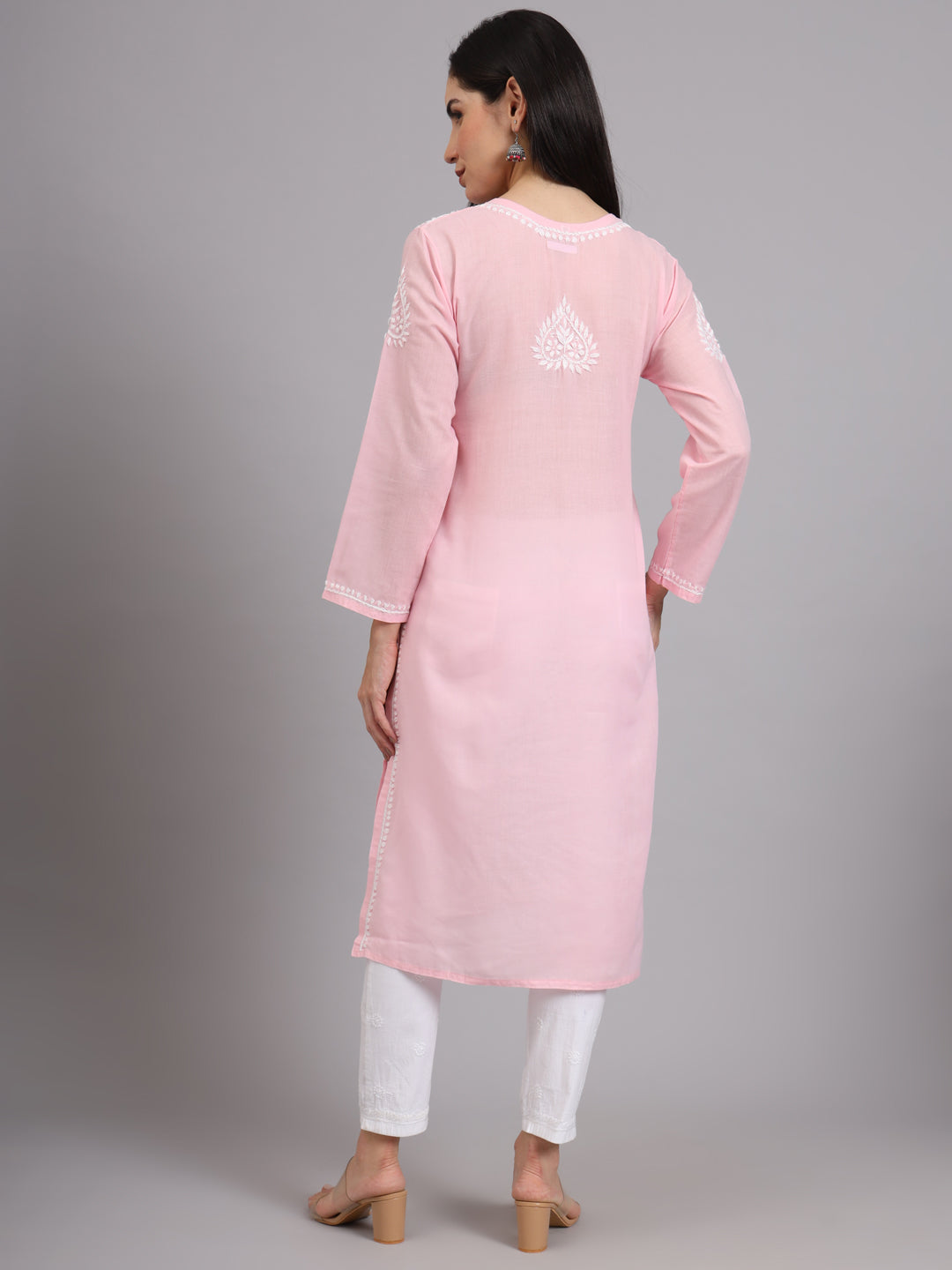 Hand Embroidered Chikankari Cotton Straight Kurta-AL3997 Pink