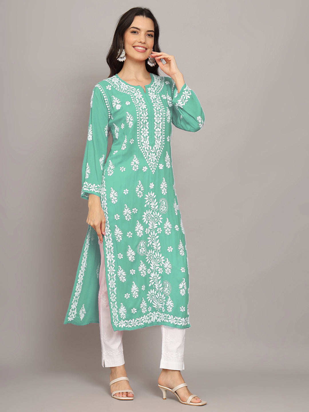 Women Hand Embroidered Chikankari Modal Kurta-AL4042 Sea Green