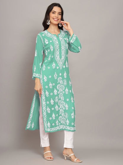 Women Hand Embroidered Chikankari Modal Kurta-AL4042 Sea Green