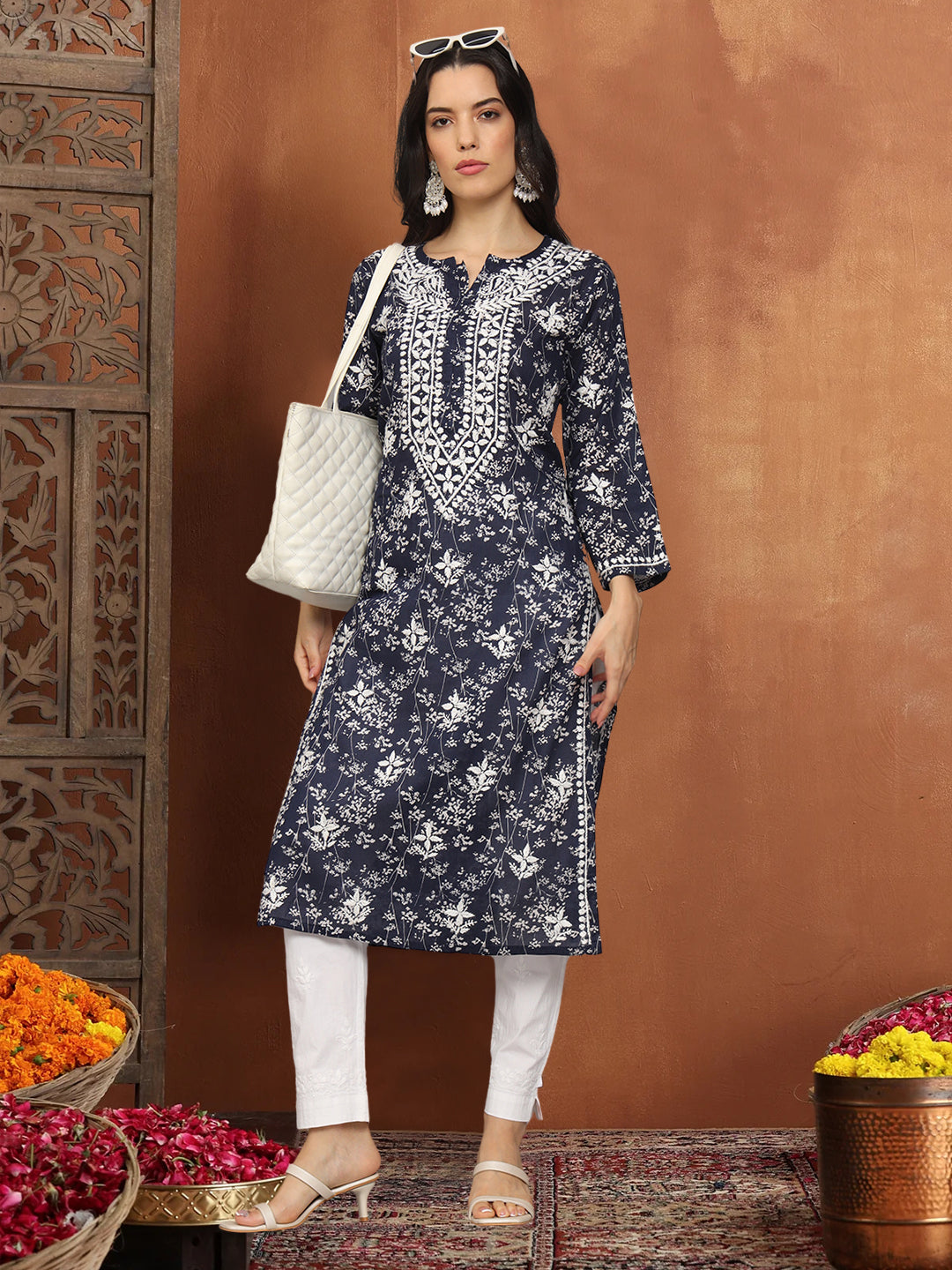 Women Hand Embroidered Chikankari Mulmul Cotton Printed Kurta-AL4041 Navy