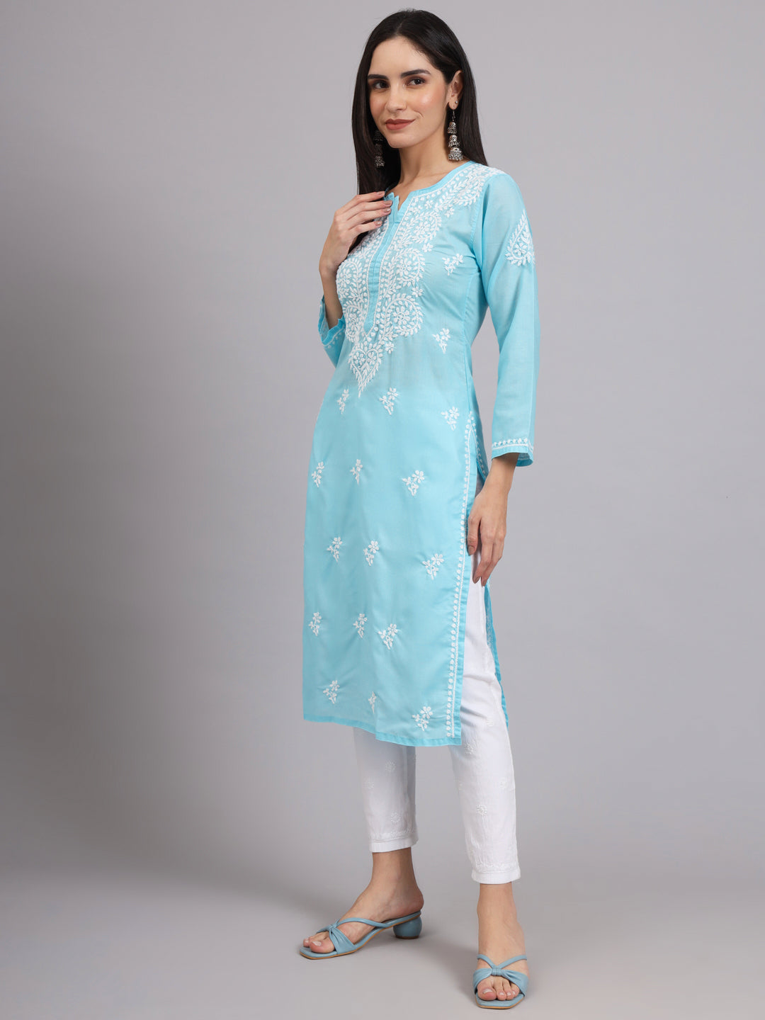 Hand Embroidered Chikankari Cotton Straight Kurta-AL3997 Sky Blue