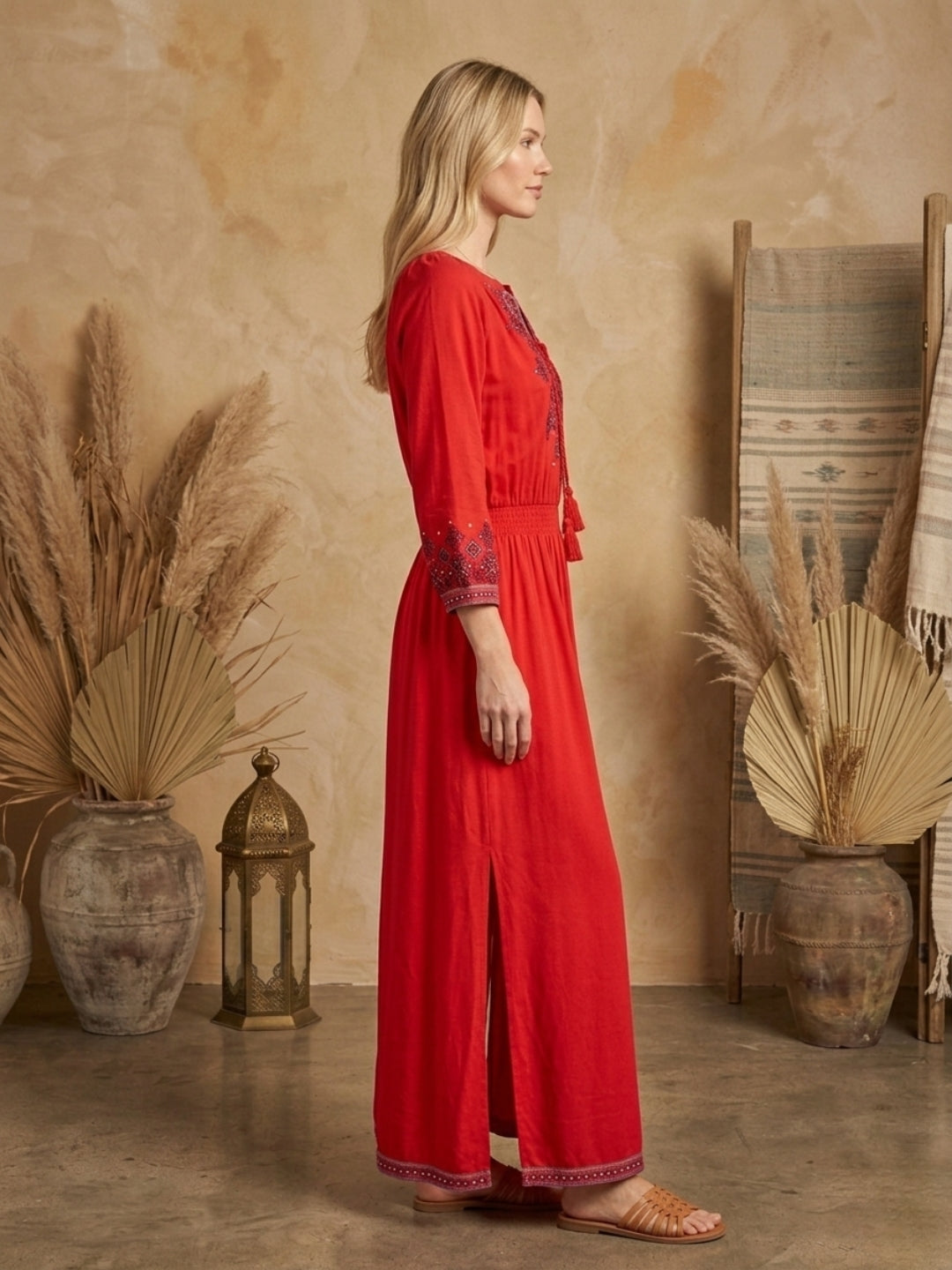 Women Embroidered Side Slit Rayon Full Dress -AL3869
