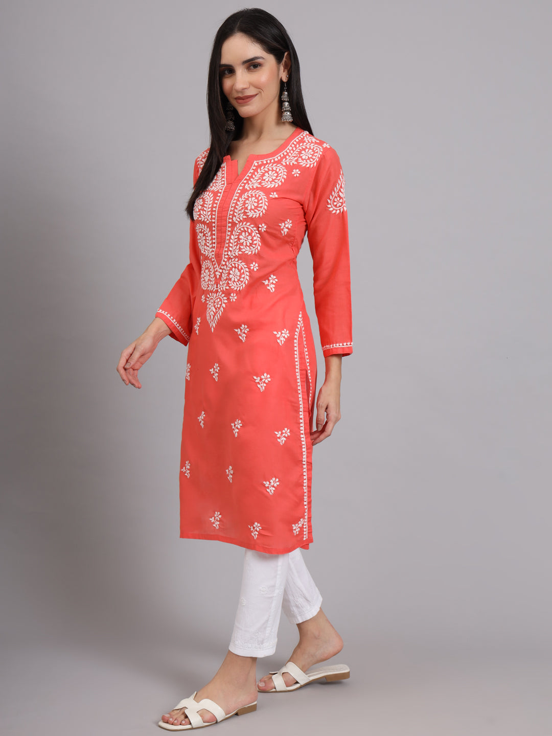 Hand Embroidered Chikankari Cotton Straight Kurta-AL3997 Coral